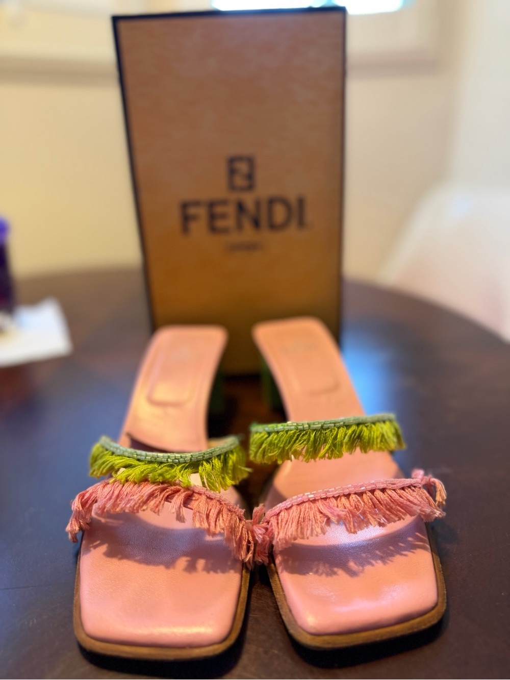 Vintage Fendi Pink Leather Beaded Fringe Block Heel Mule Sz 7.5